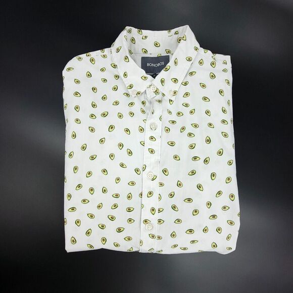 BONOBOS Avocado Novelty Print Slim Fit Casual Short Sleeve Button Down Shirt Y2k - Picture 8 of 8